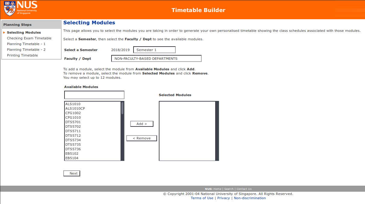 The official NUS timetable builder. It has never been updated and probably never will be.